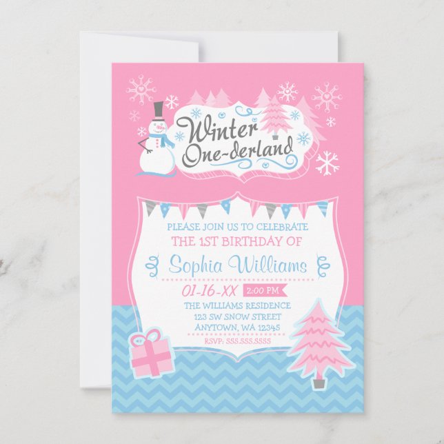 Winter Onederland Snowman Pink Blue 1st Birthday Invitation (Front)