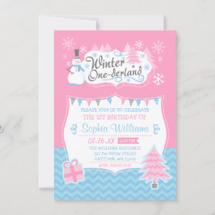 Winter Onederland Snowman Pink Blue 1st Birthday Invitation