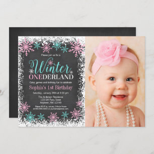 Winter ONEderland Teal Chalkboard 1st Birthday Invitation