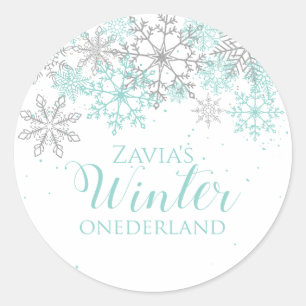 Winter Onederland Teal Silver First Birthday Classic Round Sticker