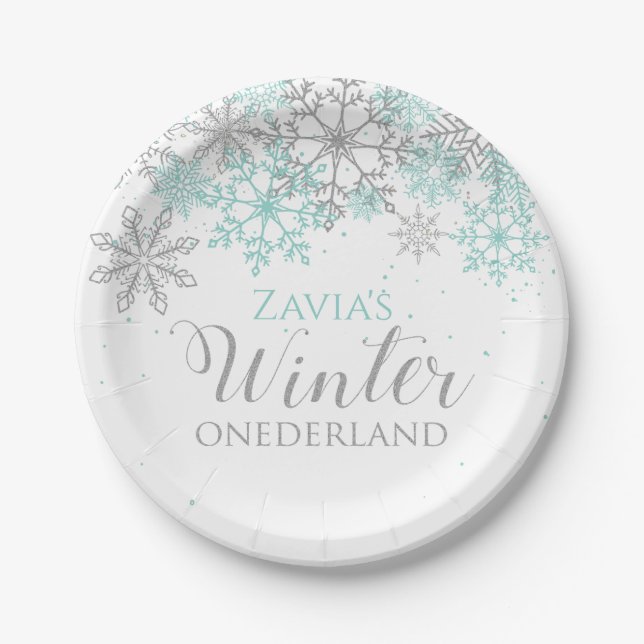 Winter Onederland Teal Silver First Birthday Plate (Front)