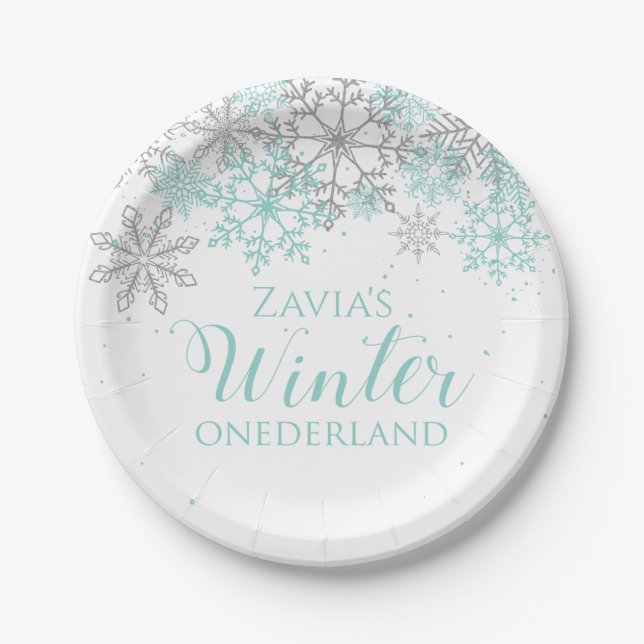 Winter Onederland Teal Silver First Birthday Plate (Front)