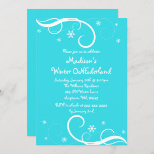 Winter ONEderland Teal Swirl Snowflakes Invitation
