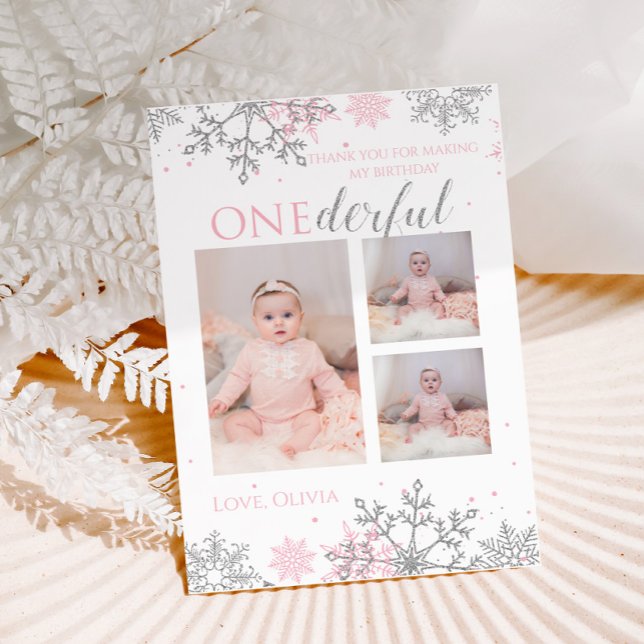 Winter ONEderland Thank You pink Silver Snowflakes Card (Creator Uploaded)