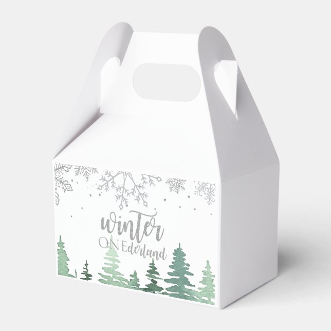 Winter Onederland Trees Silver snowflakes Favour Box (Front Side)