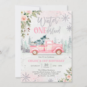 Winter ONEderland Truck Pink Girl 1st Birthday Invitation