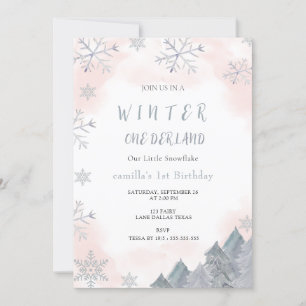 Winter Onederland Watercolor Pink 1st birthday  Invitation