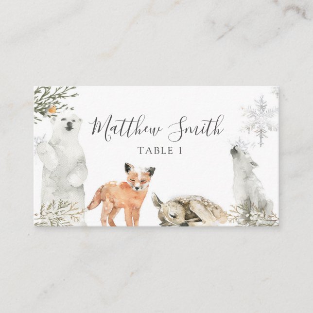 Winter Onederland Woodland Animal 1st Birthday Place Card (Front)