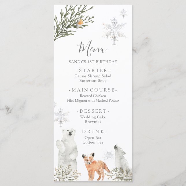 Winter Onederland Woodland Animal First Birthday Menu (Front)