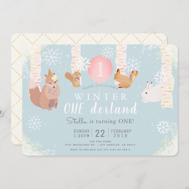 Winter ONEderland Woodland Animals Birthday Invitation (Front/Back)