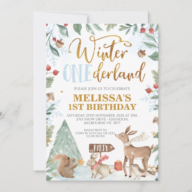 Winter Onederland Woodland Animals Birthday Invitation (Front)