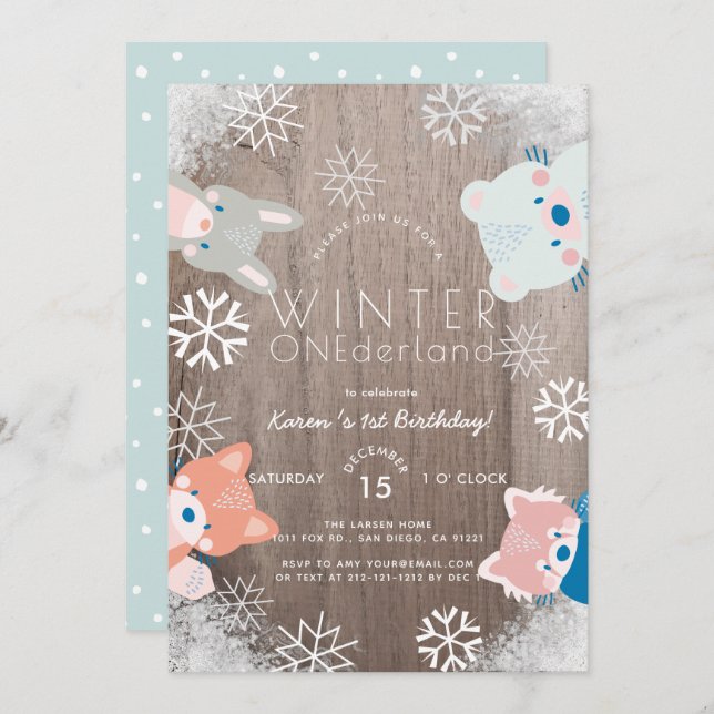 Winter Onederland Woodland Animals Blue Birthday Invitation (Front/Back)