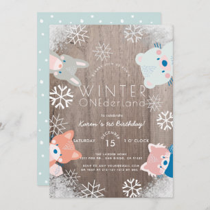 Winter Onederland Woodland Animals Blue Birthday Invitation
