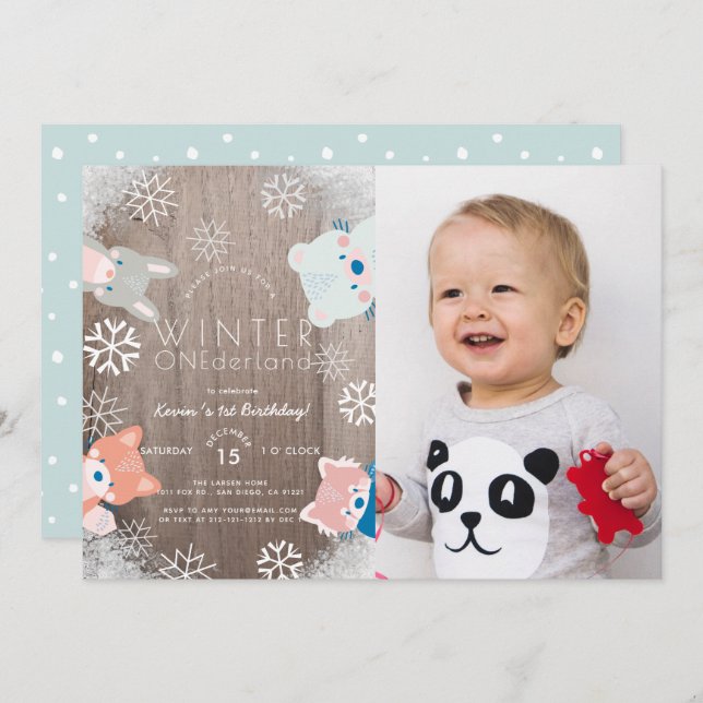 Winter Onederland Woodland Animals Photo Birthday Invitation (Front/Back)