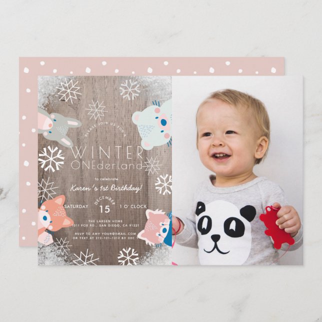 Winter Onederland Woodland Animals Photo Birthday Invitation (Front/Back)