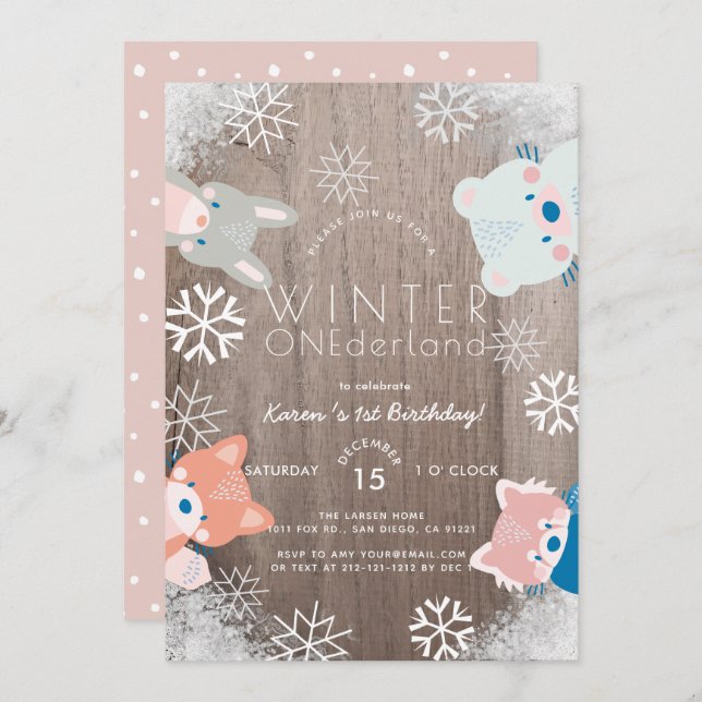 Winter Onederland Woodland Animals Pink Birthday Invitation (Front/Back)