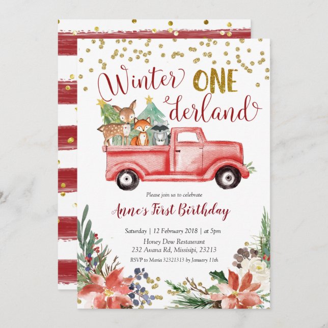 Winter onederland woodland birthday invitation (Front/Back)