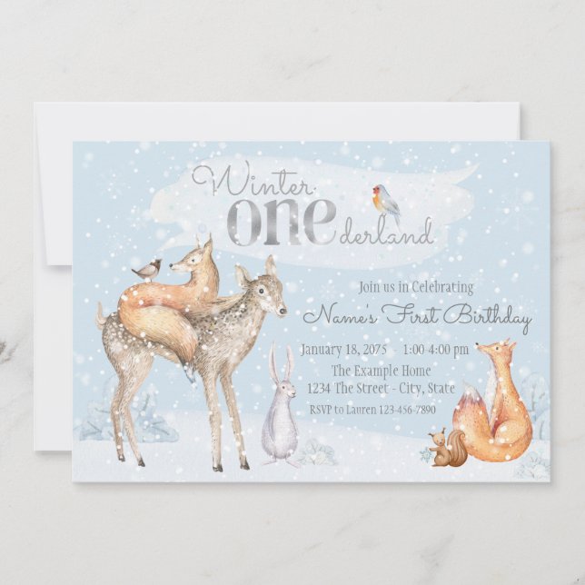 Winter ONEderland Woodland Boy Girl First Birthday Invitation (Front)