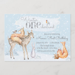 Winter ONEderland Woodland Boy Girl First Birthday Invitation