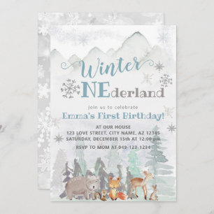 Winter ONEderland Woodland Forest Animals Birthday Invitation