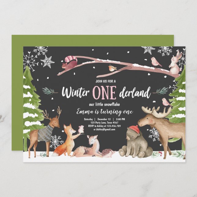Winter ONEderland Woodland Pink Birthday Invitation (Front/Back)