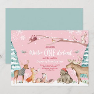 Winter ONEderland Woodland Pink Birthday Invitation
