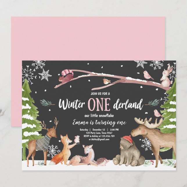 Winter ONEderland Woodland Pink Birthday Invitation (Front/Back)