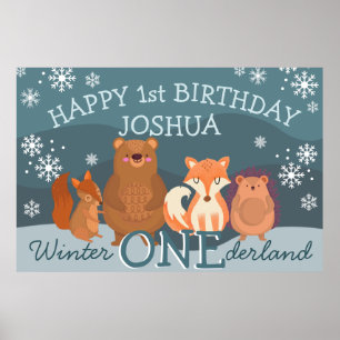 Winter Onederland woodlands animals 1st birthday Poster