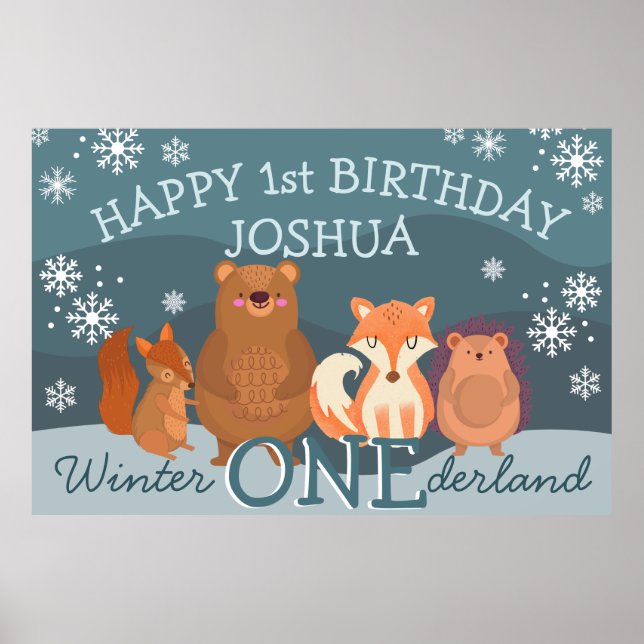 Winter Onederland woodlands animals 1st birthday Poster (Front)