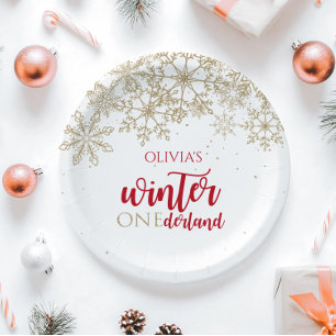Winter ONEdernald Red and Gold Snowflake Birthday Paper Plate