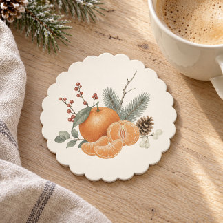 Winter Orange Botanical Scalloped Coaster