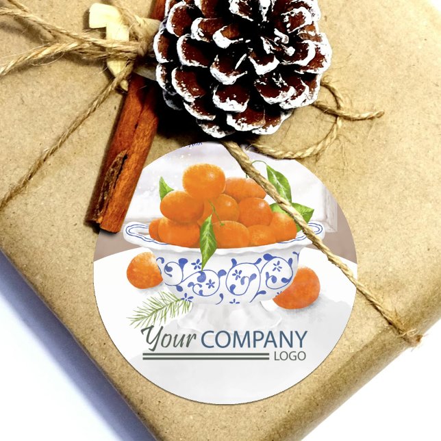 Winter Oranges Blue Floral Porcelain Holiday Gift Classic Round Sticker (winter Christmas oranges company logo sticker or envelope seal, orange spice blue chinoiserie floral)