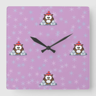 winter owl square wall clock