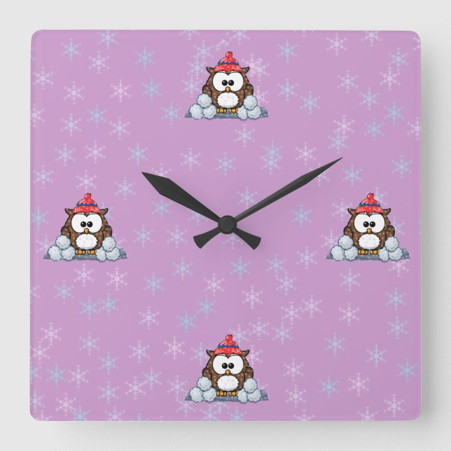 winter owl square wall clock (Front)