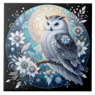 Winter Owl Stained Glass Elegant Snowy Nocturnal Ceramic Tile