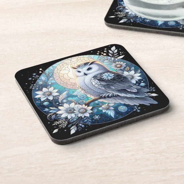 Winter Owl Stained Glass Elegant Snowy Nocturnal Coaster (Left Side)