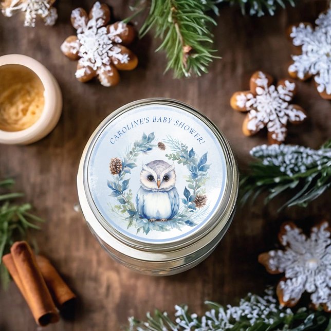 Winter Owl Watercolor Baby Shower Classic Round Sticker (Winter Owl Watercolor Baby Shower Classic Round Sticker)