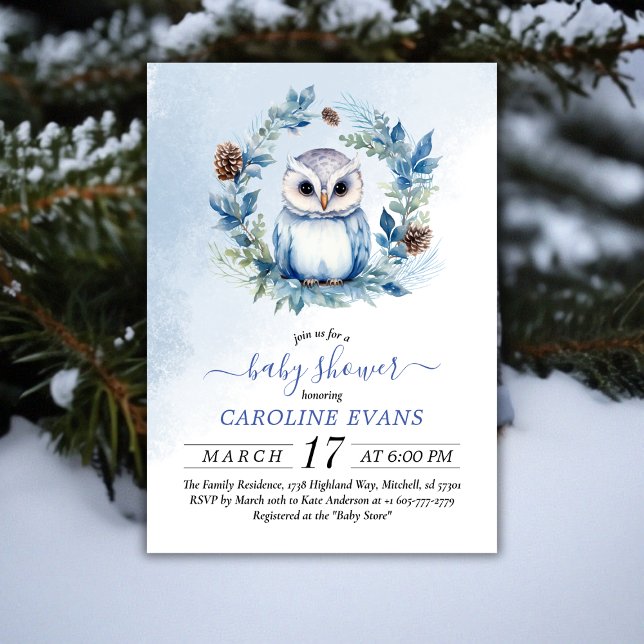 Winter Owl Watercolor Baby Shower  Invitation (Winter Owl Watercolor Baby Shower Invitation)
