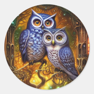 Winter Owls in the Forest Steampunk Gothic Digital Classic Round Sticker