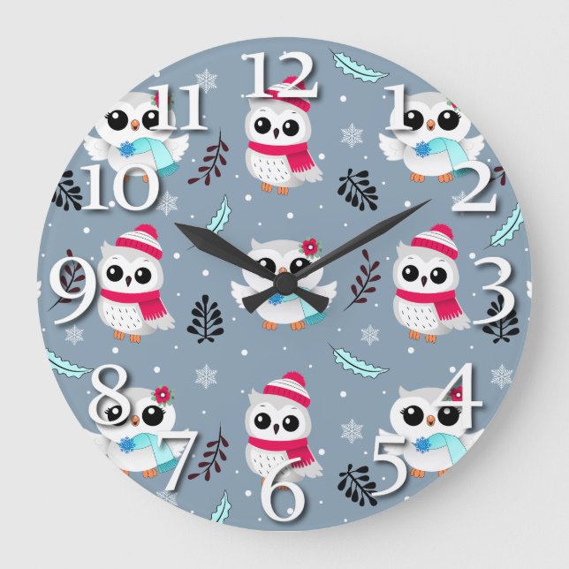 Winter Owls Large Clock (Front)