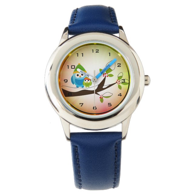 Winter Owls Lighting Stainless Steel Kids Watch (Front)