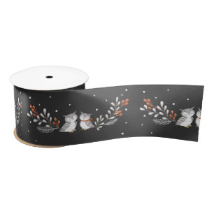 Winter Owls Satin Ribbon - Black