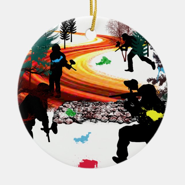 Winter Paintball in the Woods Ceramic Tree Decoration (Front)