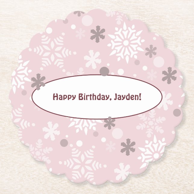 Winter Pale-Pink Snowflake Birthday Party Paper Coaster (Front)