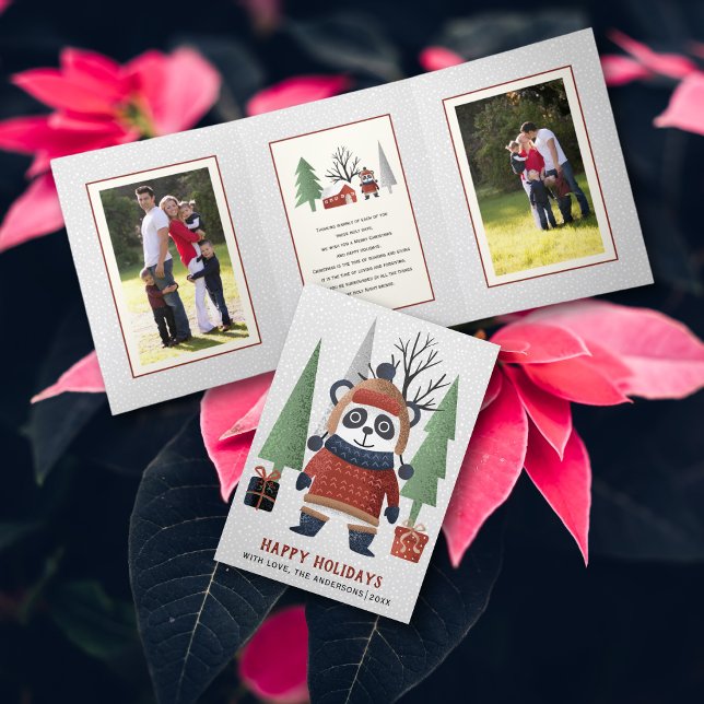 Winter panda and trees Christmas multi photo Tri-Fold Holiday Card (Creator Uploaded)