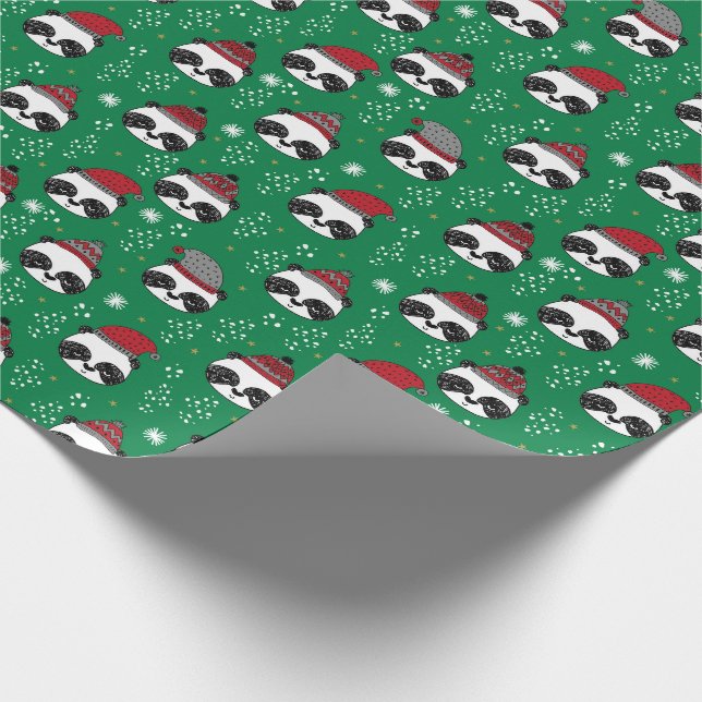 Winter Panda Red and Green cute Christmas Wrapping Paper (Corner)