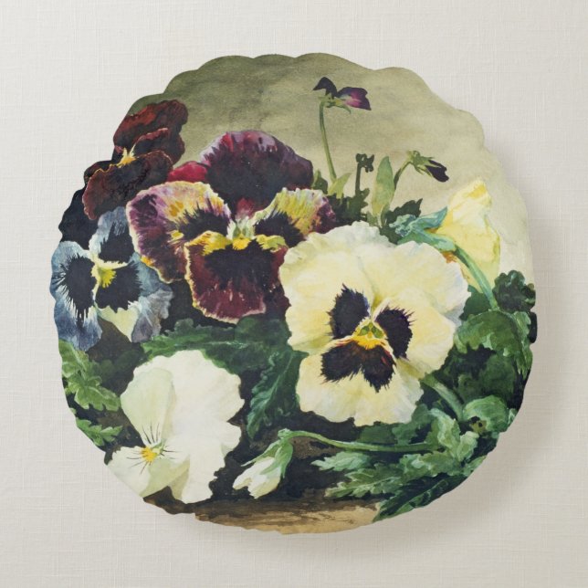 Winter Pansies, 1884 Round Cushion (Front)