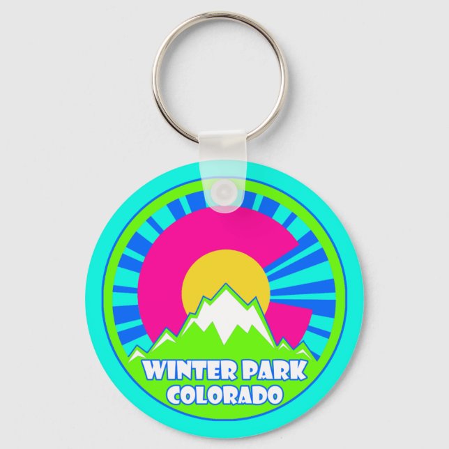 Winter Park Colorado neon mountains keychain (Front)