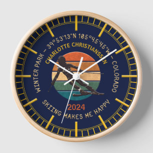 Winter Park, Colorado - Woman Skier, Golden Text Clock