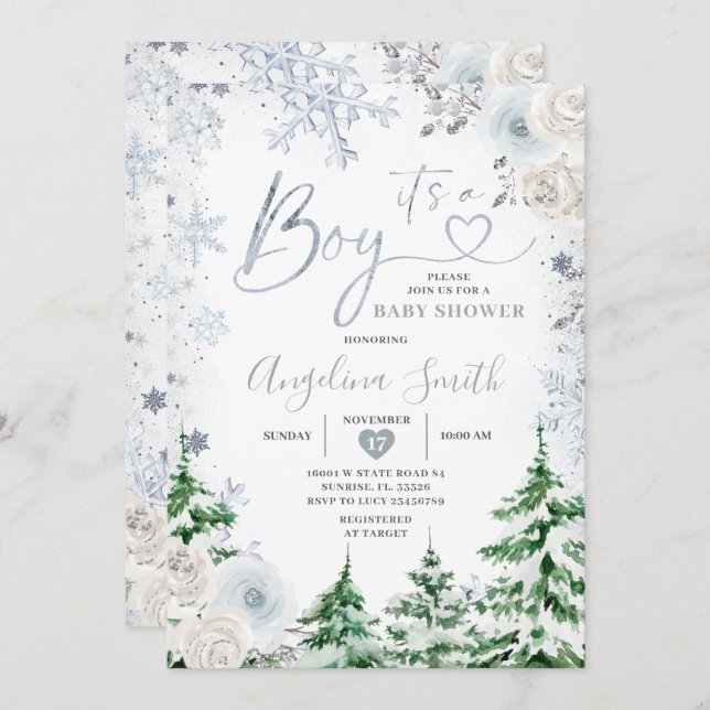 Winter Pastel Blue Snowflake Floral Baby Shower Invitation (Front/Back)